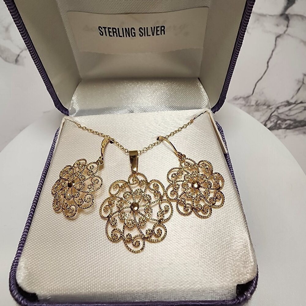 Gold Tone 925 Silver flower Filigree Jewelry Set